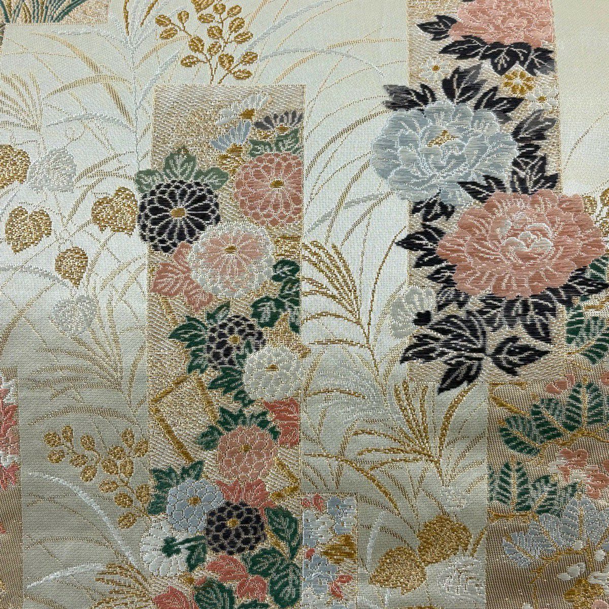 袋帶 秀品級 短冊 草花紋紋 金線 金金箔 米色 六通 純蠶絲