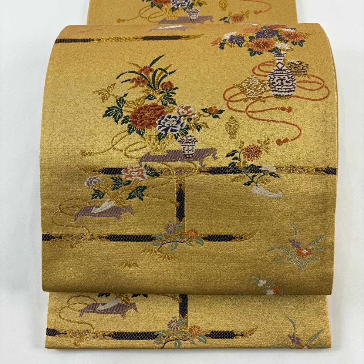 【美品】 袋帶 秀品級 花器 草花紋 金糸 金金箔 山吹茶 六通 純蠶絲