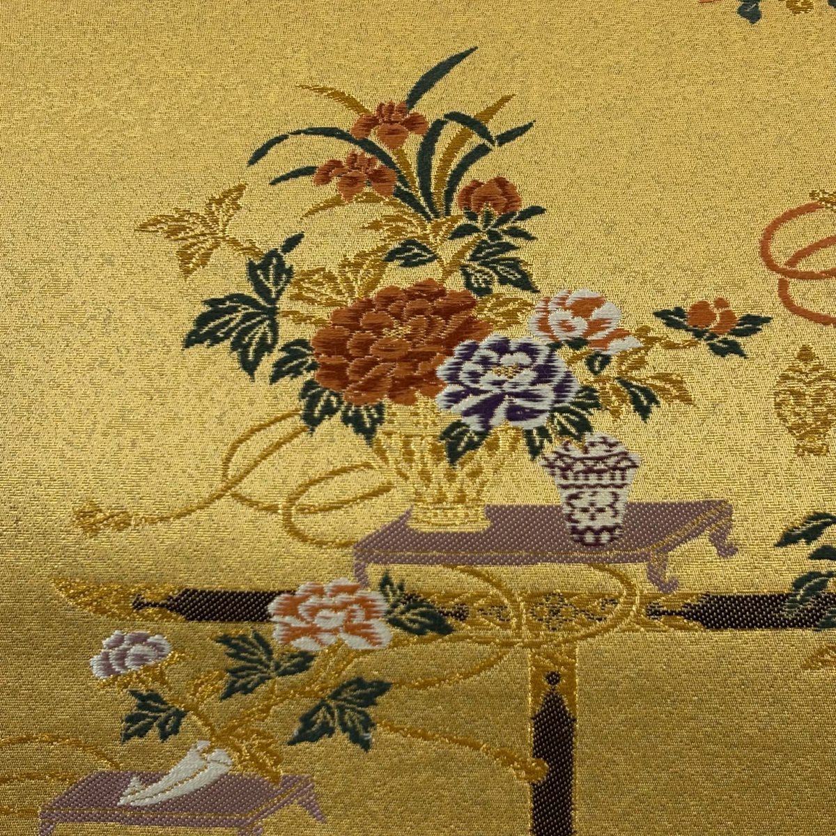 【美品】 袋帶 秀品級 花器 草花紋 金糸 金金箔 山吹茶 六通 純蠶絲