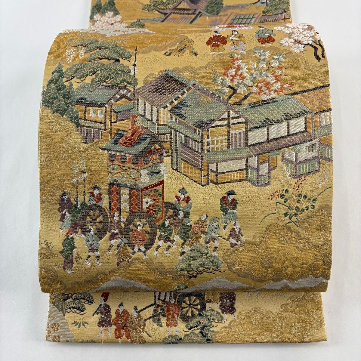 【美品】 袋帶 秀品級 山鉾 人物 金絲 金金箔 米色 六通 純蠶絲