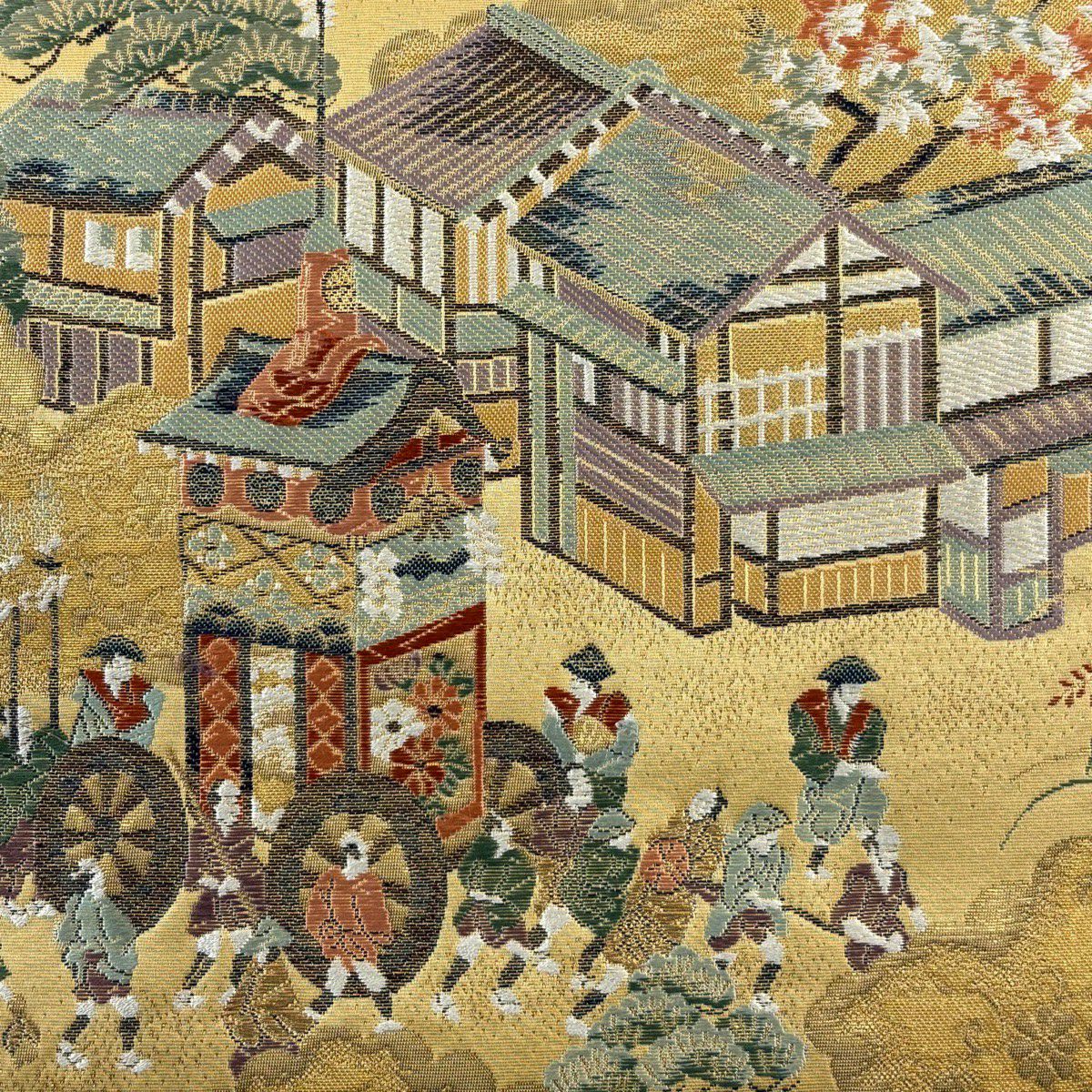 【美品】 袋帶 秀品級 山鉾 人物 金絲 金金箔 米色 六通 純蠶絲