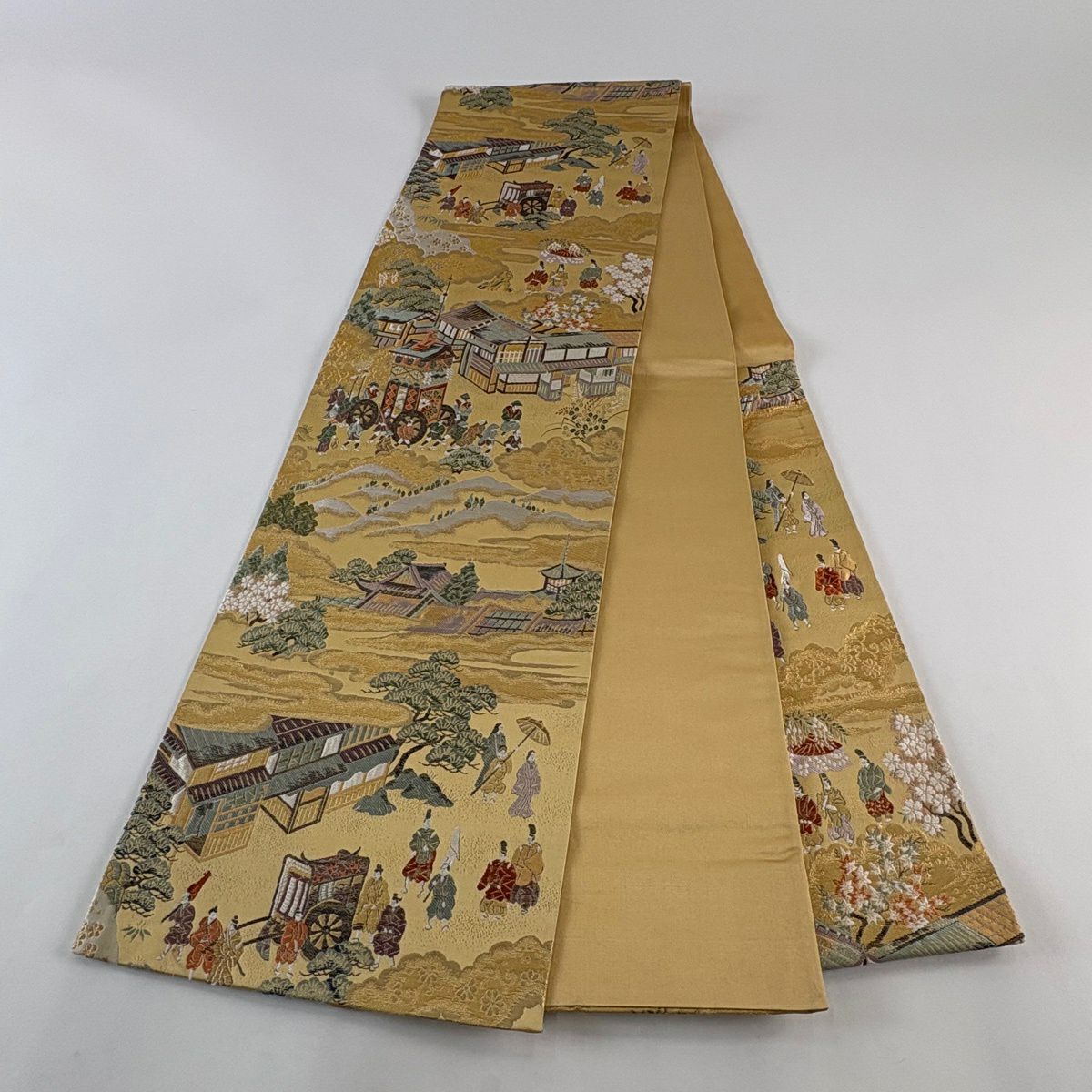 【美品】 袋帶 秀品級 山鉾 人物 金絲 金金箔 米色 六通 純蠶絲