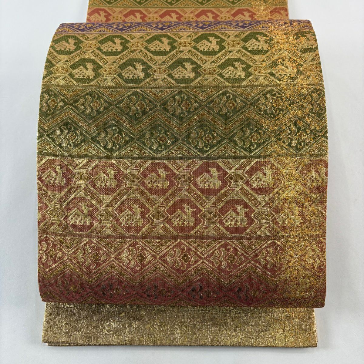 【美品】 袋帶 秀品級 有栖川 草花紋 金糸 金金箔 鶯 深藍 六通 純蠶絲