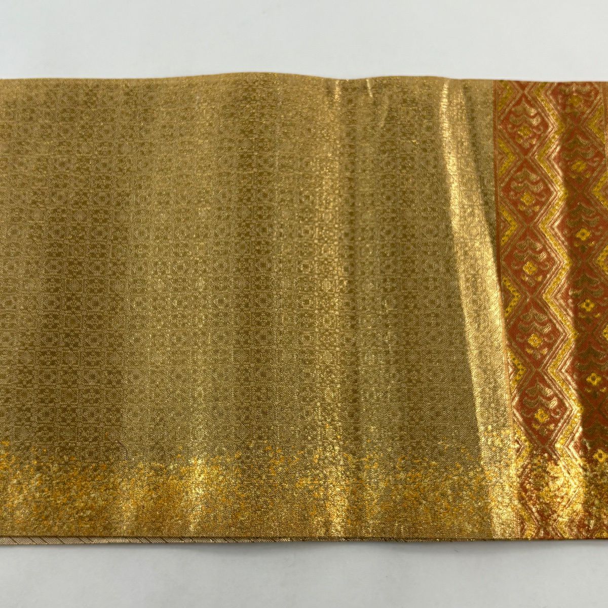 【美品】 袋帶 秀品級 有栖川 草花紋 金糸 金金箔 鶯 深藍 六通 純蠶絲