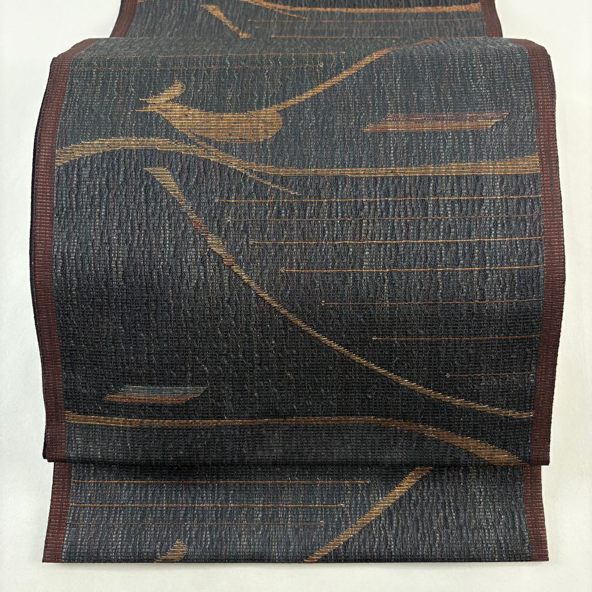 【美品】 袋帶 秀品級 鳥 縞 金金箔 黑灰 六通 純蠶絲
