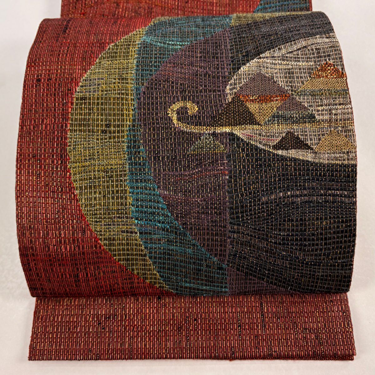 【美品】 袋帶 秀品級 幾何圖案 金絲 金金箔 紅 大鼓圖案 純蠶絲