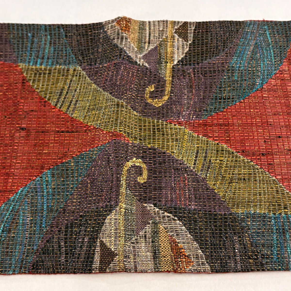【美品】 袋帶 秀品級 幾何圖案 金絲 金金箔 紅 大鼓圖案 純蠶絲