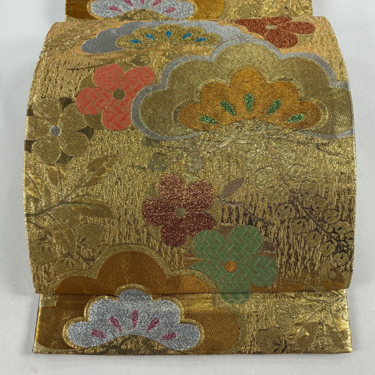 【美品】 袋帶 秀品級 笠松樹 梅花 金銀糸 金金箔 金色 六通 純蠶絲