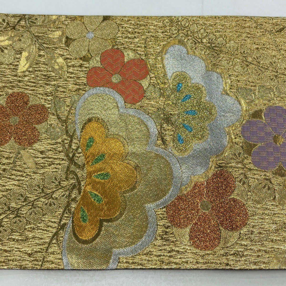 【美品】 袋帶 秀品級 笠松樹 梅花 金銀糸 金金箔 金色 六通 純蠶絲