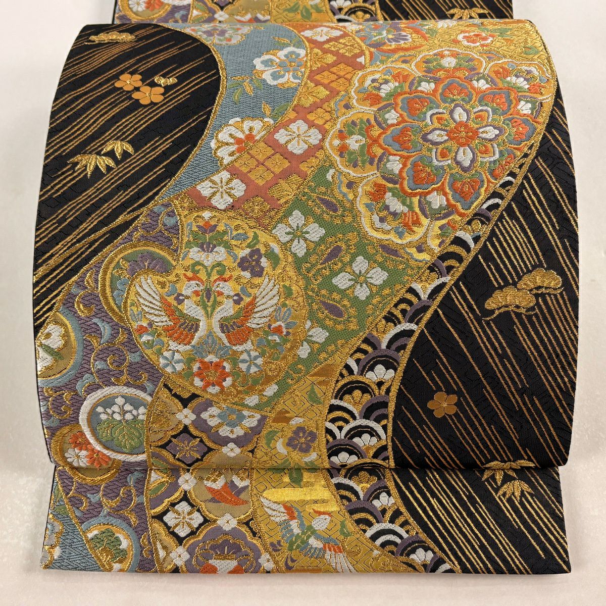袋帶 秀品級 華紋 花鳥 金絲 刺繡 黑灰 六通 純蠶絲