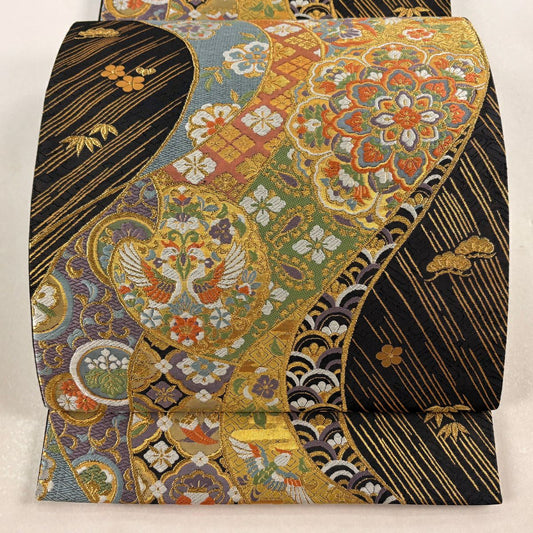 袋帶 秀品級 華紋 花鳥 金絲 刺繡 黑灰 六通 純蠶絲