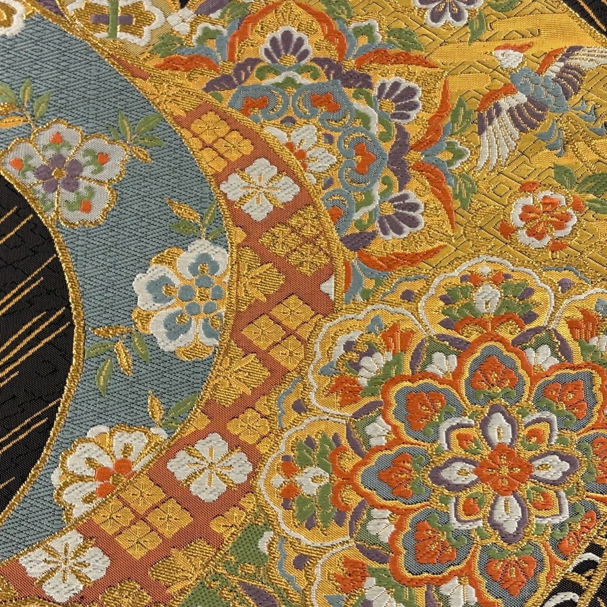 袋帶 秀品級 華紋 花鳥 金絲 刺繡 黑灰 六通 純蠶絲