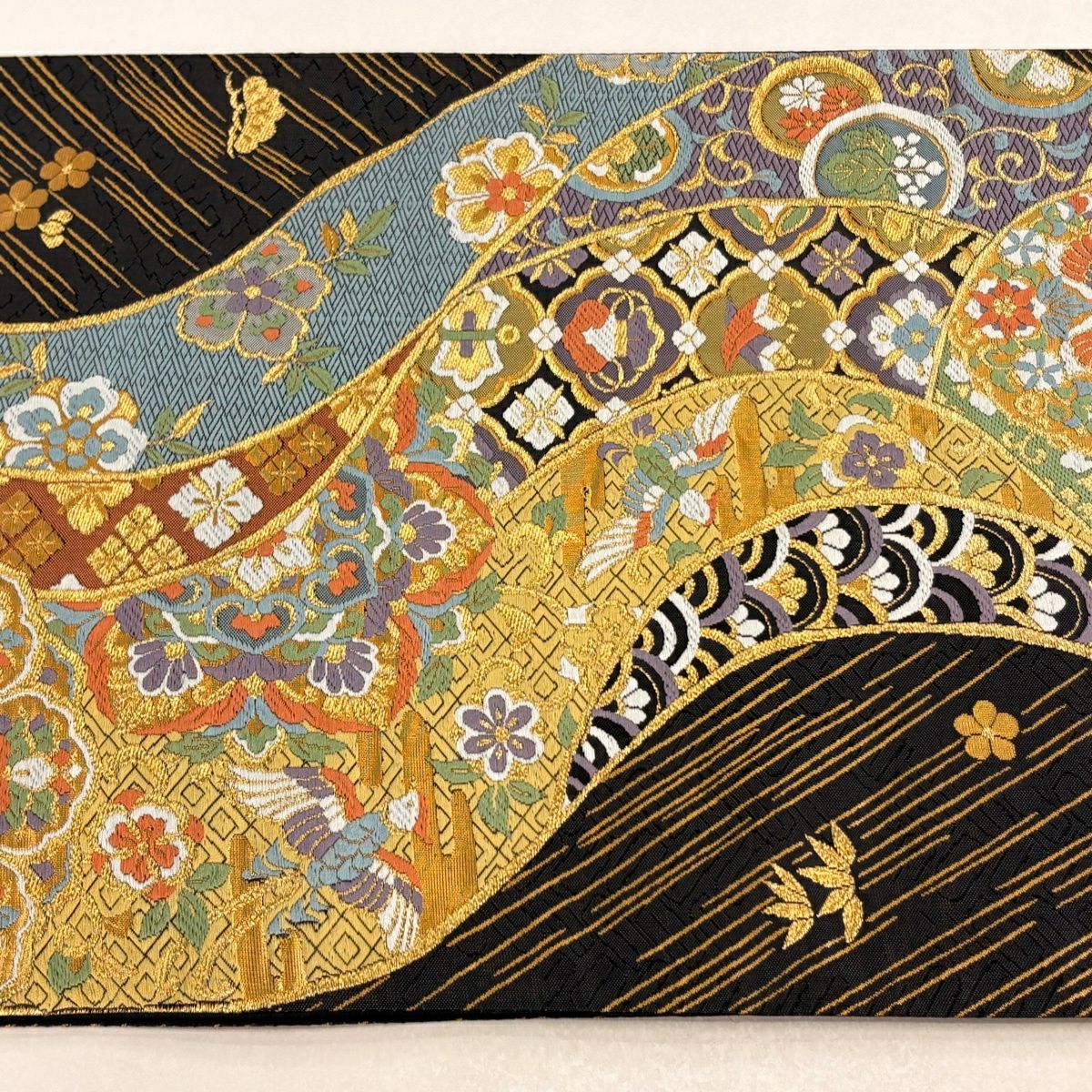袋帶 秀品級 華紋 花鳥 金絲 刺繡 黑灰 六通 純蠶絲