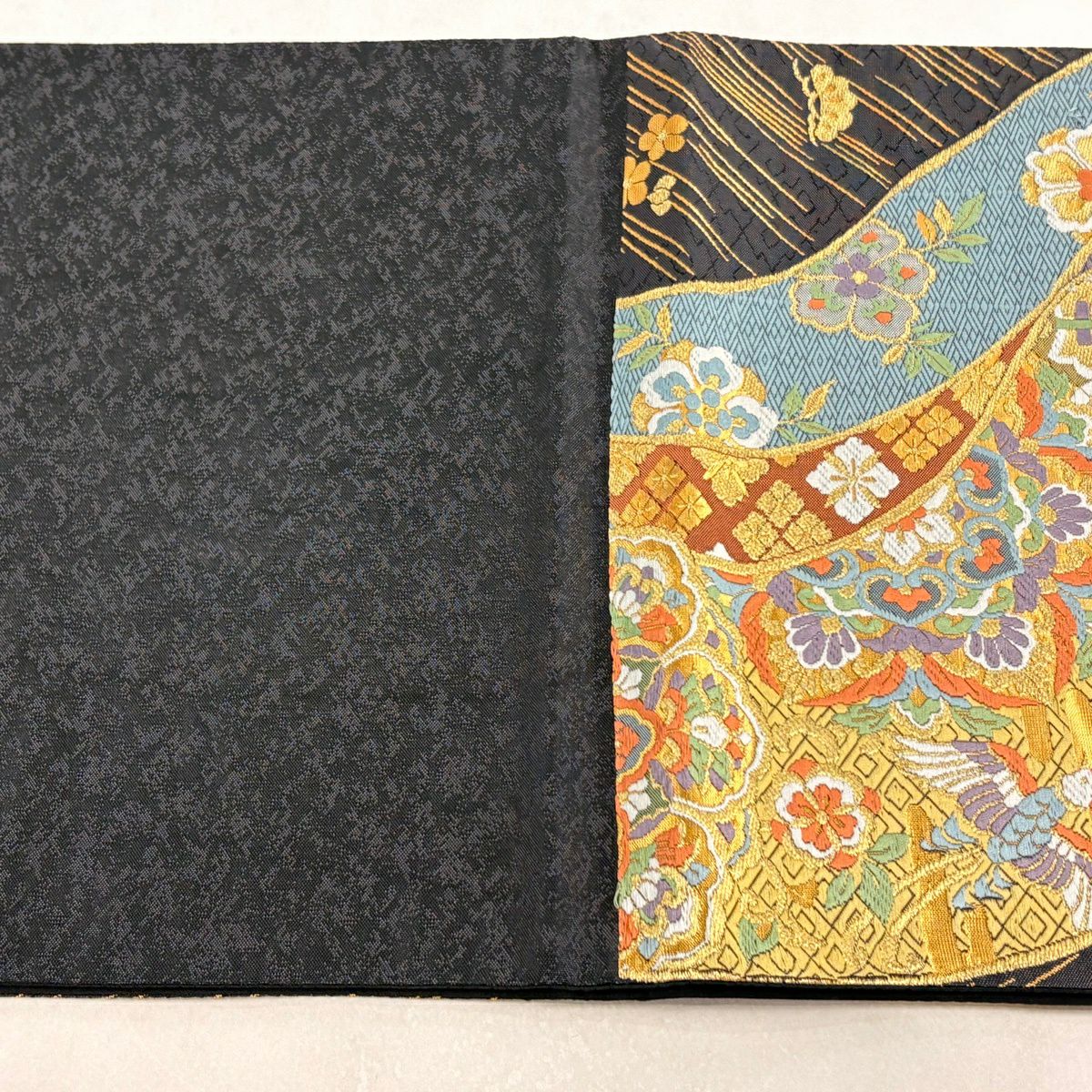 袋帶 秀品級 華紋 花鳥 金絲 刺繡 黑灰 六通 純蠶絲