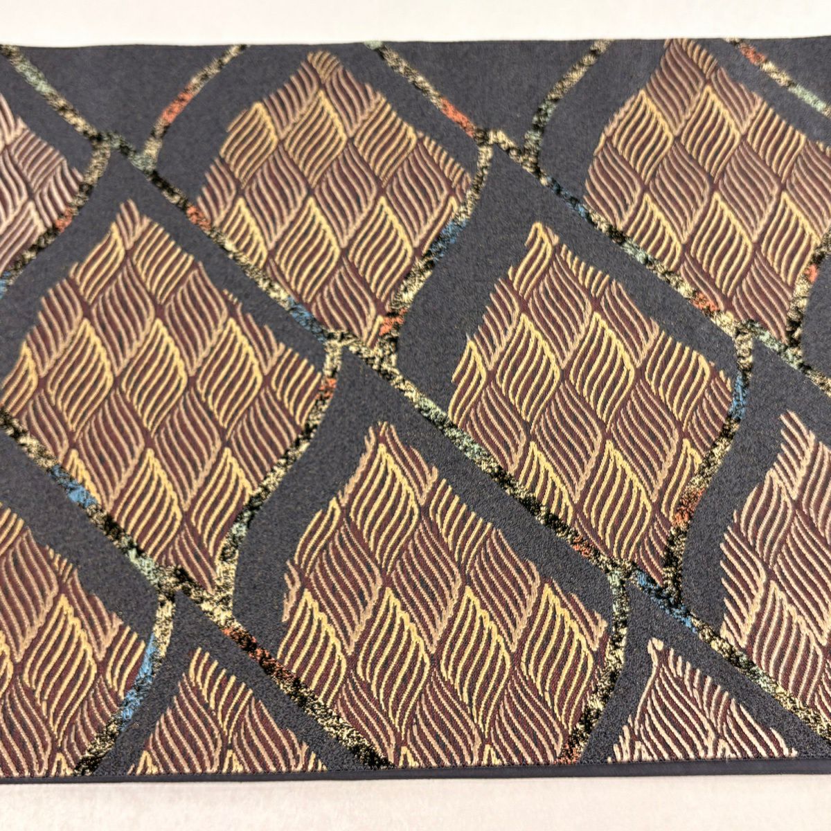 【美品】 袋帶 秀品級 附落款 清風薫雅 幾何學圖案 金絲 刺繡 灰色 六通 純蠶絲