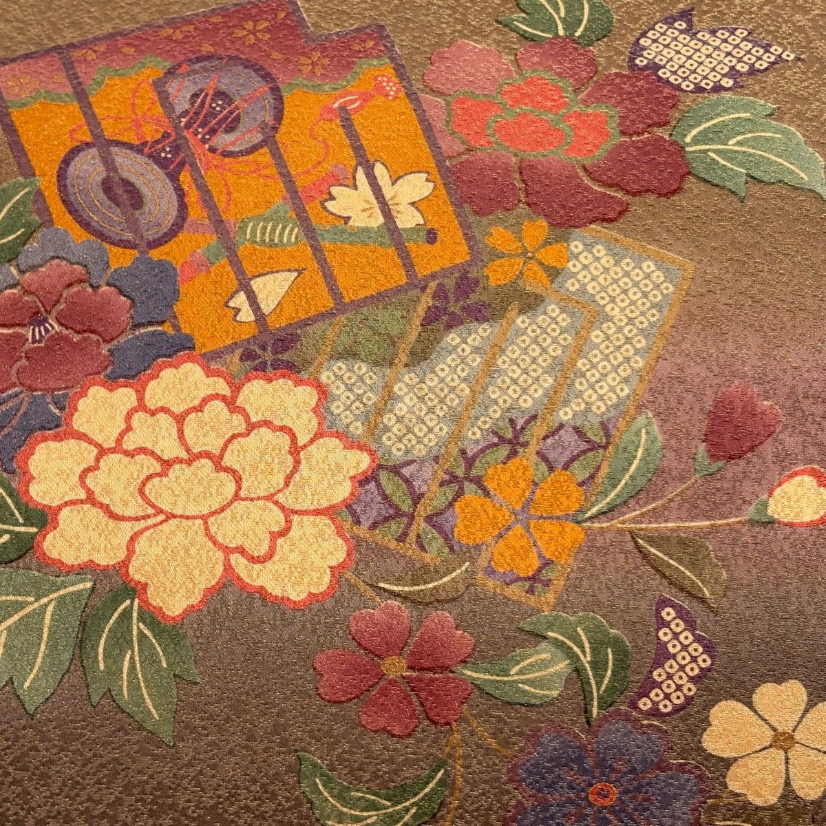 【美品】 袋帶 秀品級 落款あり 源氏香 草花紋 金絲 金銀彩 茶紫 お太鼓柄 純蠶絲