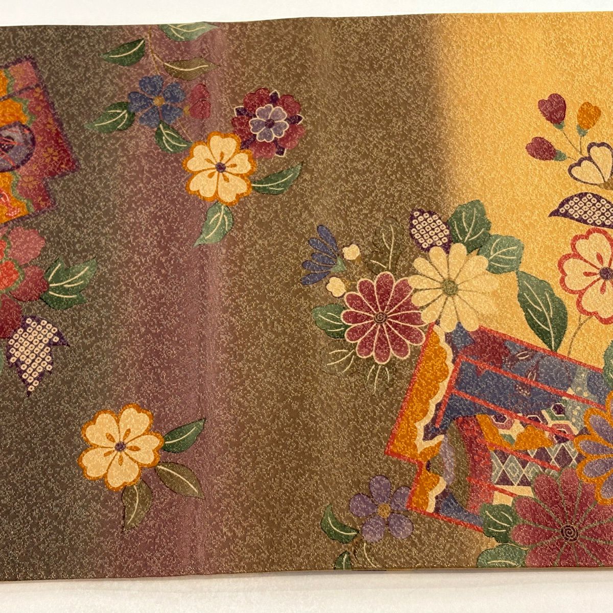 【美品】 袋帶 秀品級 落款あり 源氏香 草花紋 金絲 金銀彩 茶紫 お太鼓柄 純蠶絲