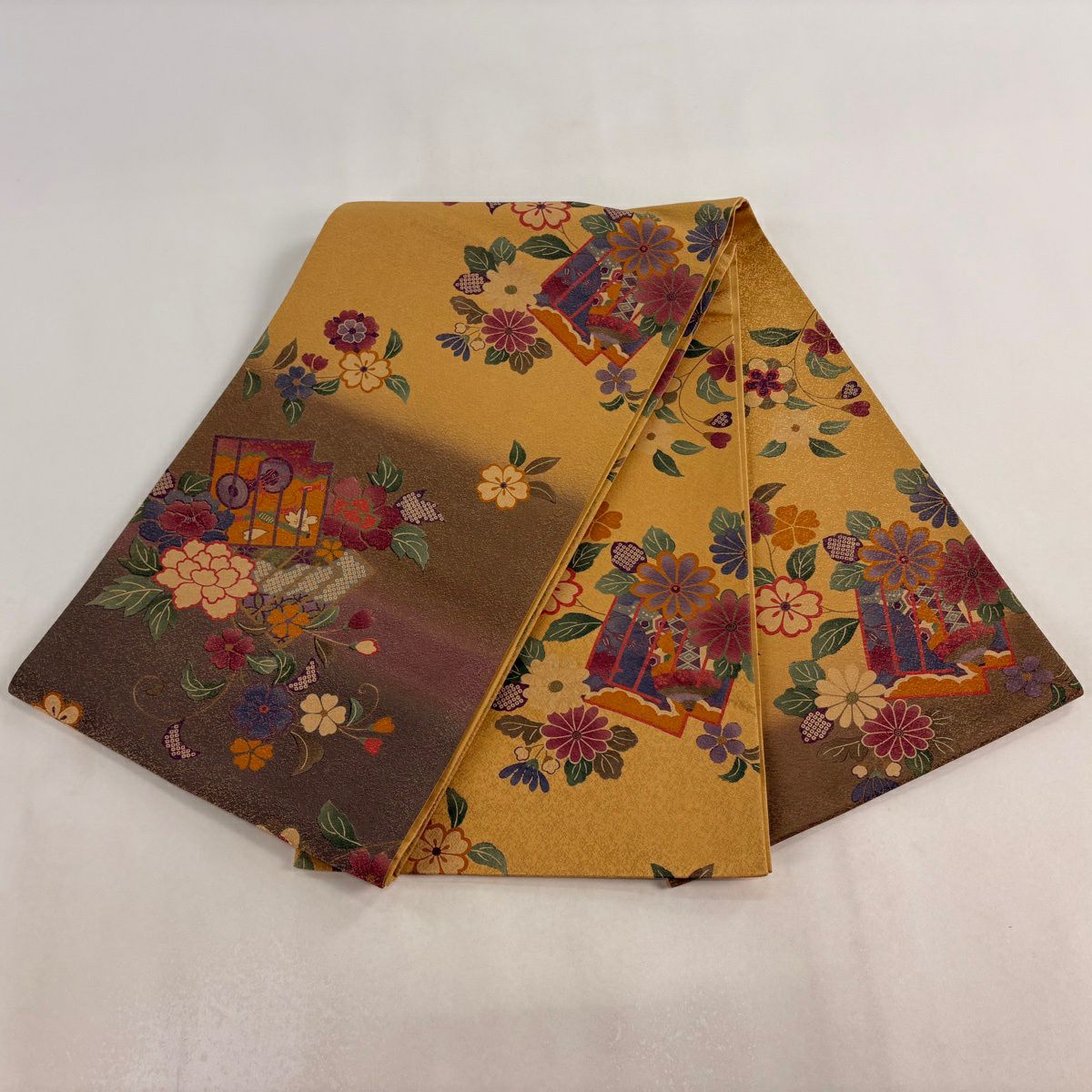 【美品】 袋帶 秀品級 落款あり 源氏香 草花紋 金絲 金銀彩 茶紫 お太鼓柄 純蠶絲