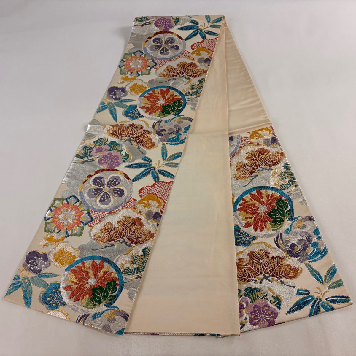 袋帶 秀品級 松樹竹子梅花 菊花 刺繡 金金箔 奶油 六通 純蠶絲