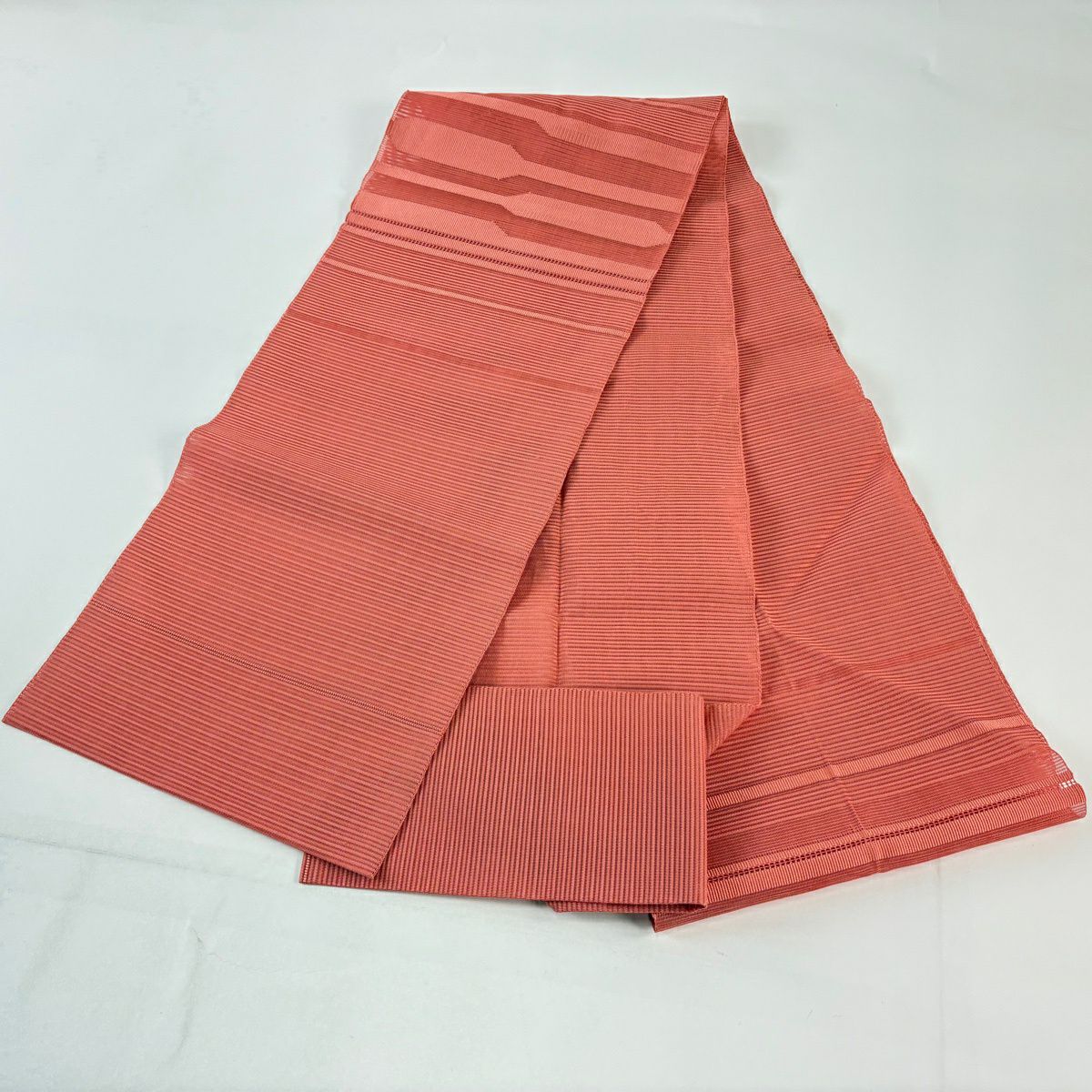 名古屋帶 優品級 夏帶 絽 八寸名古屋帶 松樹葉仕立 幾何學圖案 鮭粉色 純蠶絲