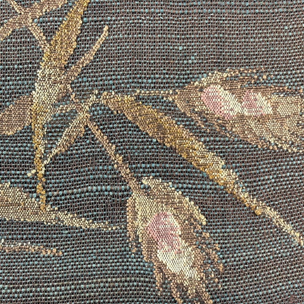 名古屋帶 優品級 夏帶 八寸名古屋帶 松樹葉仕立 雜色仕立 草花紋紋 焦茶 純蠶絲