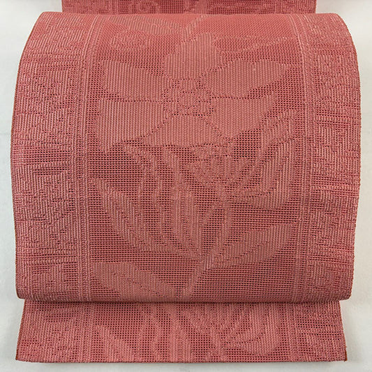 【美品】名古屋帶 優品級 夏帶 八寸名古屋帶 草花紋 粉紅 純蠶絲