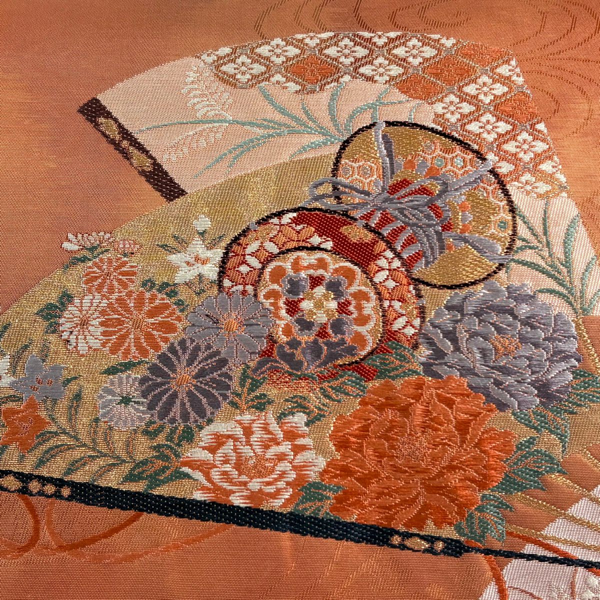 名古屋帶 優品級 關西仕立 扇子子 鼓 金銀彩 金金箔 鮭粉色 純蠶絲