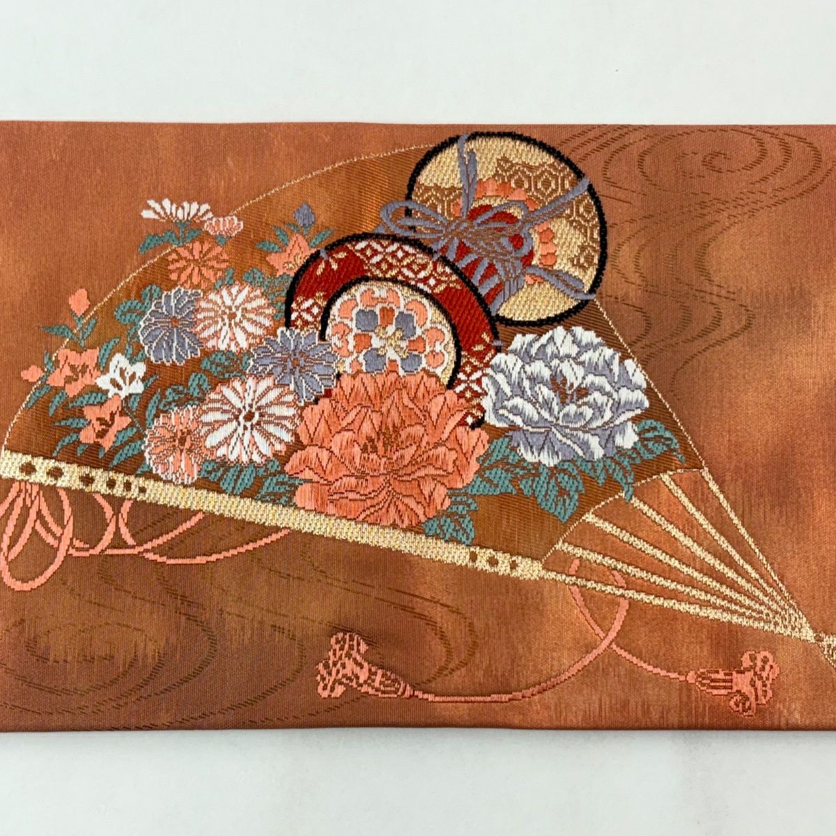 名古屋帶 優品級 關西仕立 扇子子 鼓 金銀彩 金金箔 鮭粉色 純蠶絲