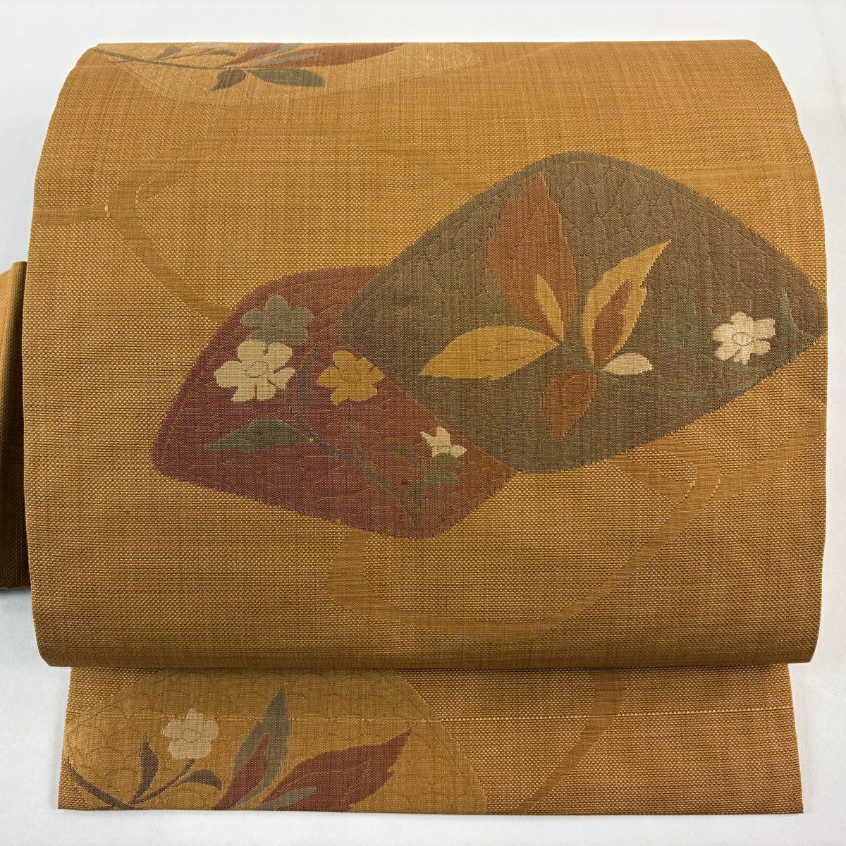 【美品】 名古屋帶 優品級 關西仕立 草花紋 山吹茶 純蠶絲