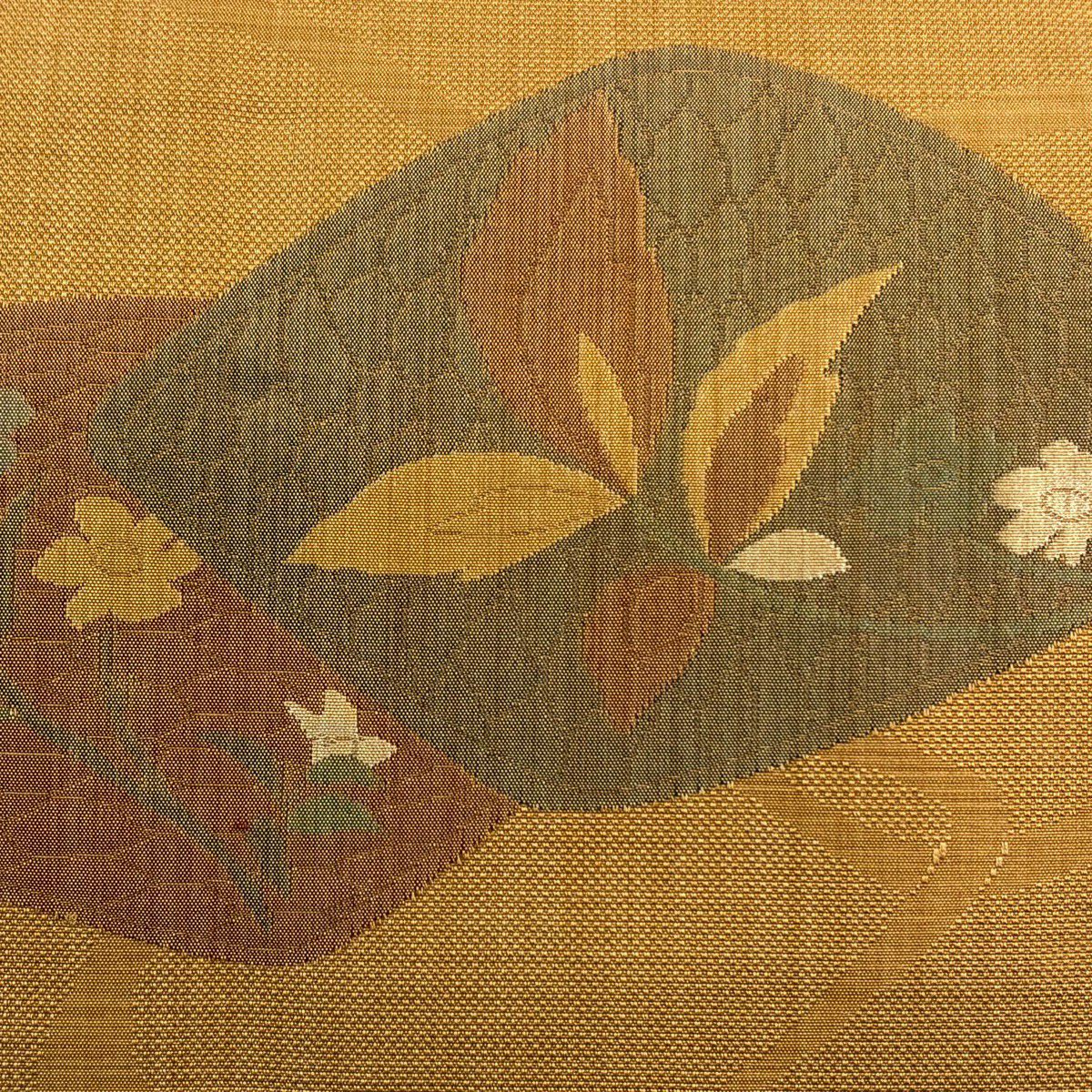 【美品】 名古屋帶 優品級 關西仕立 草花紋 山吹茶 純蠶絲