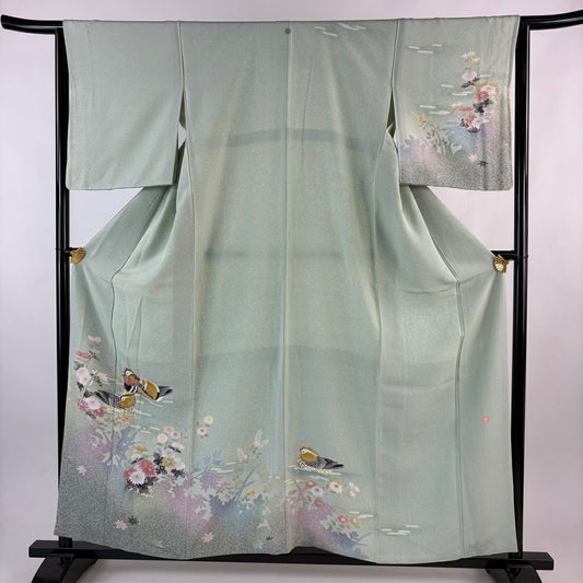 訪問服 身長157.5cm 袖長64.5cm M 雙層 人間國寶 羽田登喜男 落款 鴛鴦 菊花 金銀彩 漸層 薄綠 純蠶絲 逸品級 一個紋