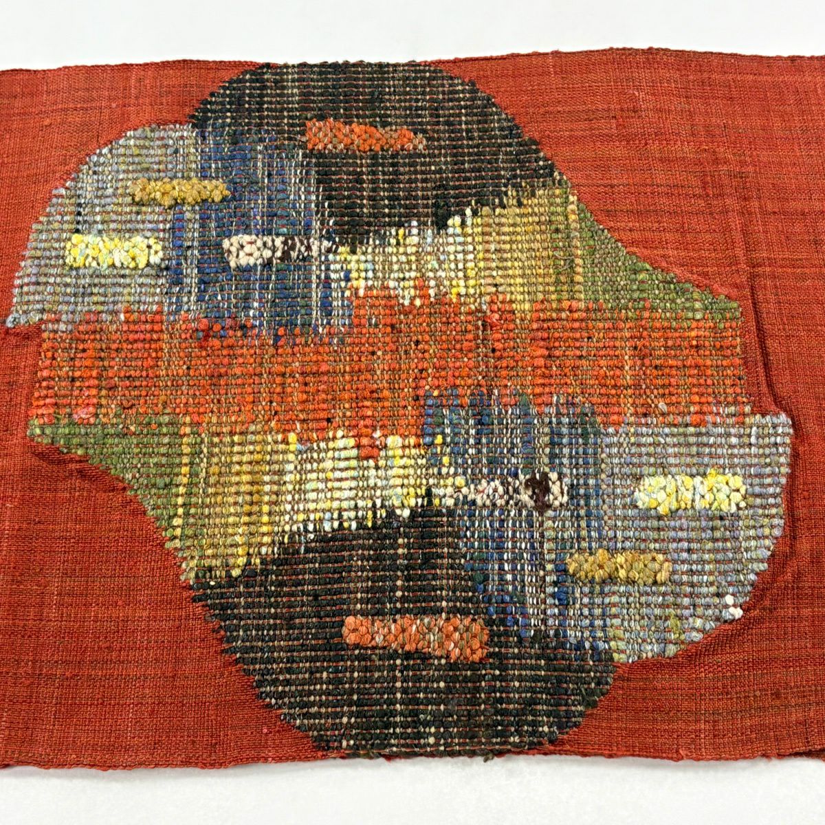 【美品】名古屋帶 優品級 松樹葉仕立 八寸名古屋帶 紬織織地 山並幾何圖案 紅茶 純蠶絲