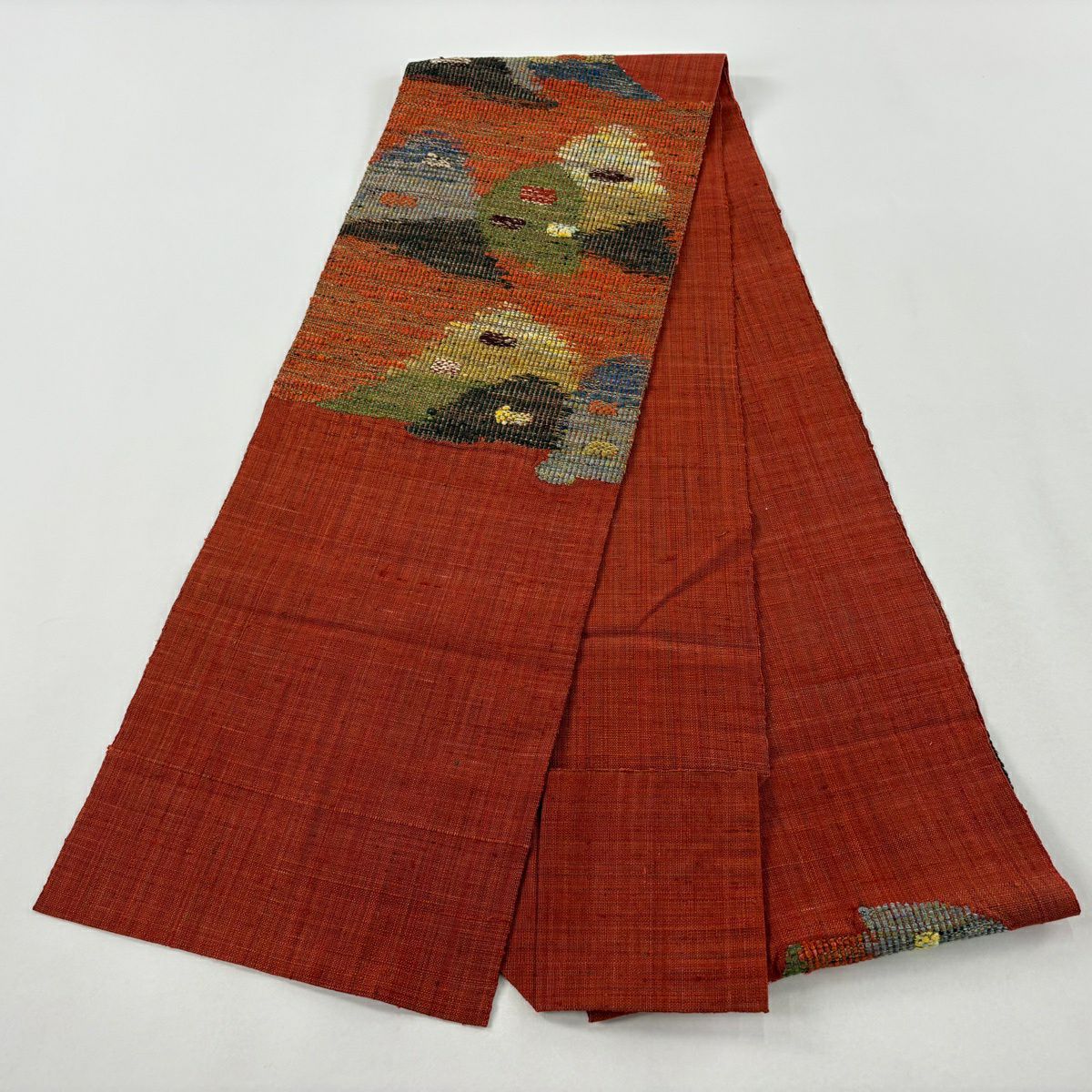 【美品】名古屋帶 優品級 松樹葉仕立 八寸名古屋帶 紬織織地 山並幾何圖案 紅茶 純蠶絲