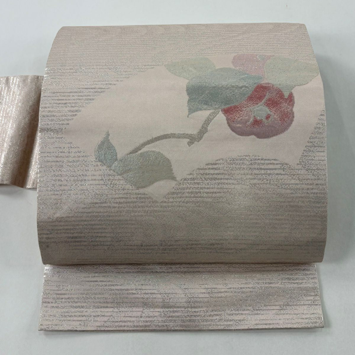【美品】 名古屋帶 優品級 扇子面 椿 金金箔 銀線 淺粉色 純蠶絲