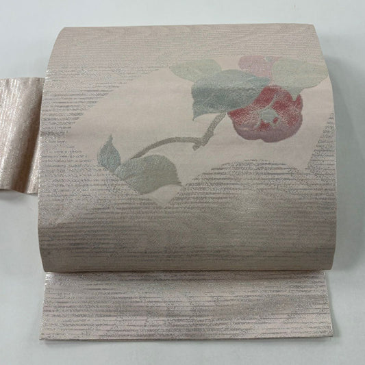【美品】 名古屋帶 優品級 扇子面 椿 金金箔 銀線 淺粉色 純蠶絲