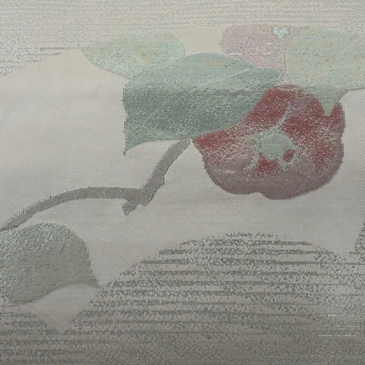 【美品】 名古屋帶 優品級 扇子面 椿 金金箔 銀線 淺粉色 純蠶絲