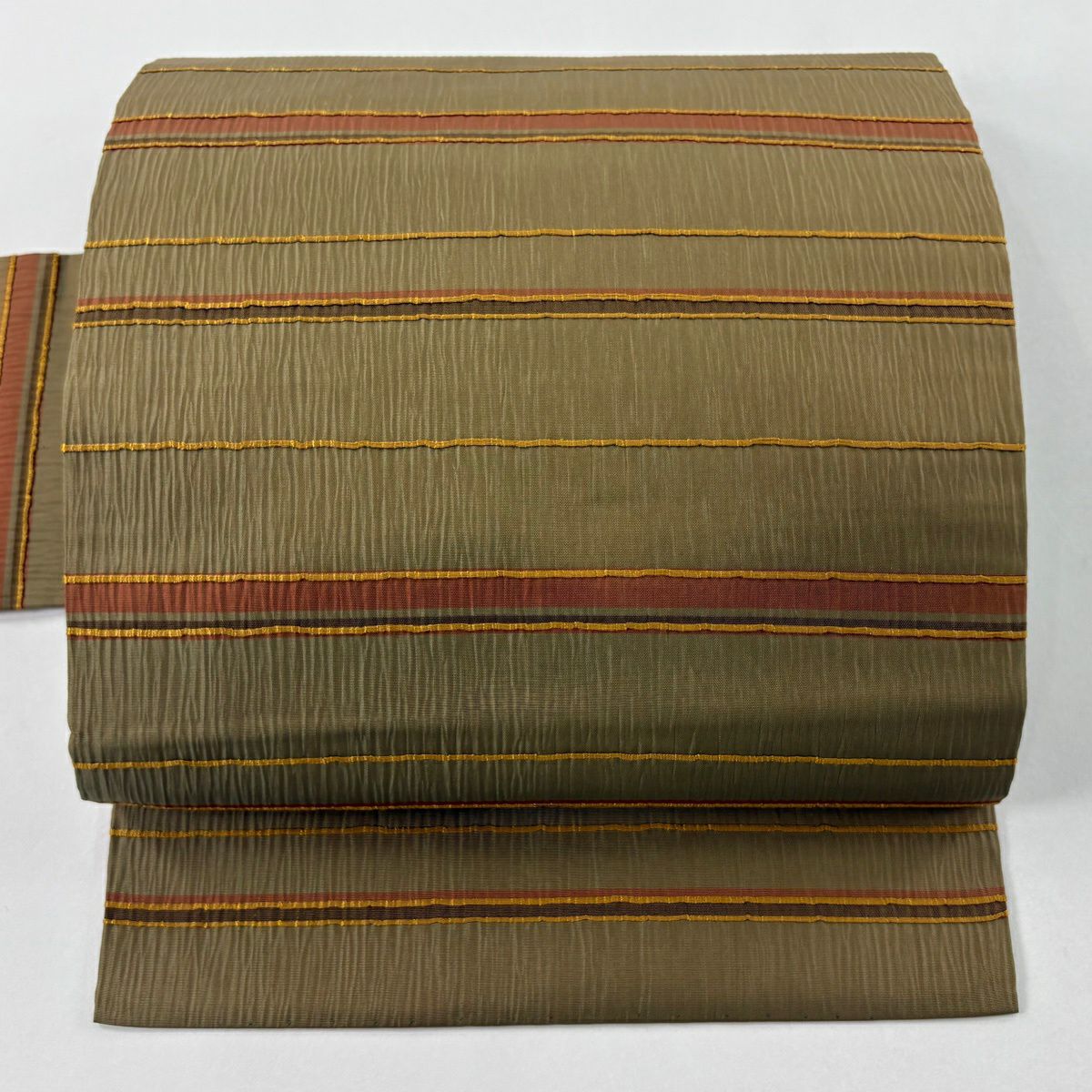 【美品】 名古屋帶 優品級 紬織織 段紋 茶綠 純蠶絲