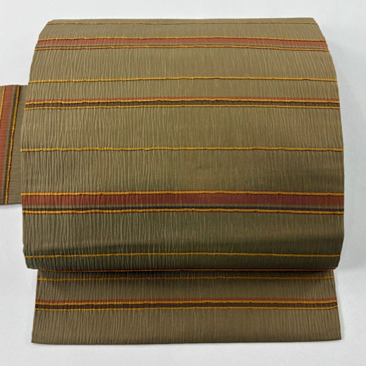 【美品】 名古屋帶 優品級 紬織織 段紋 茶綠 純蠶絲