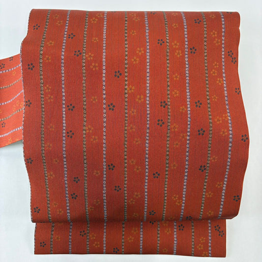 【美品】名古屋帶 優品級 條紋 梅花 紅茶 純蠶絲