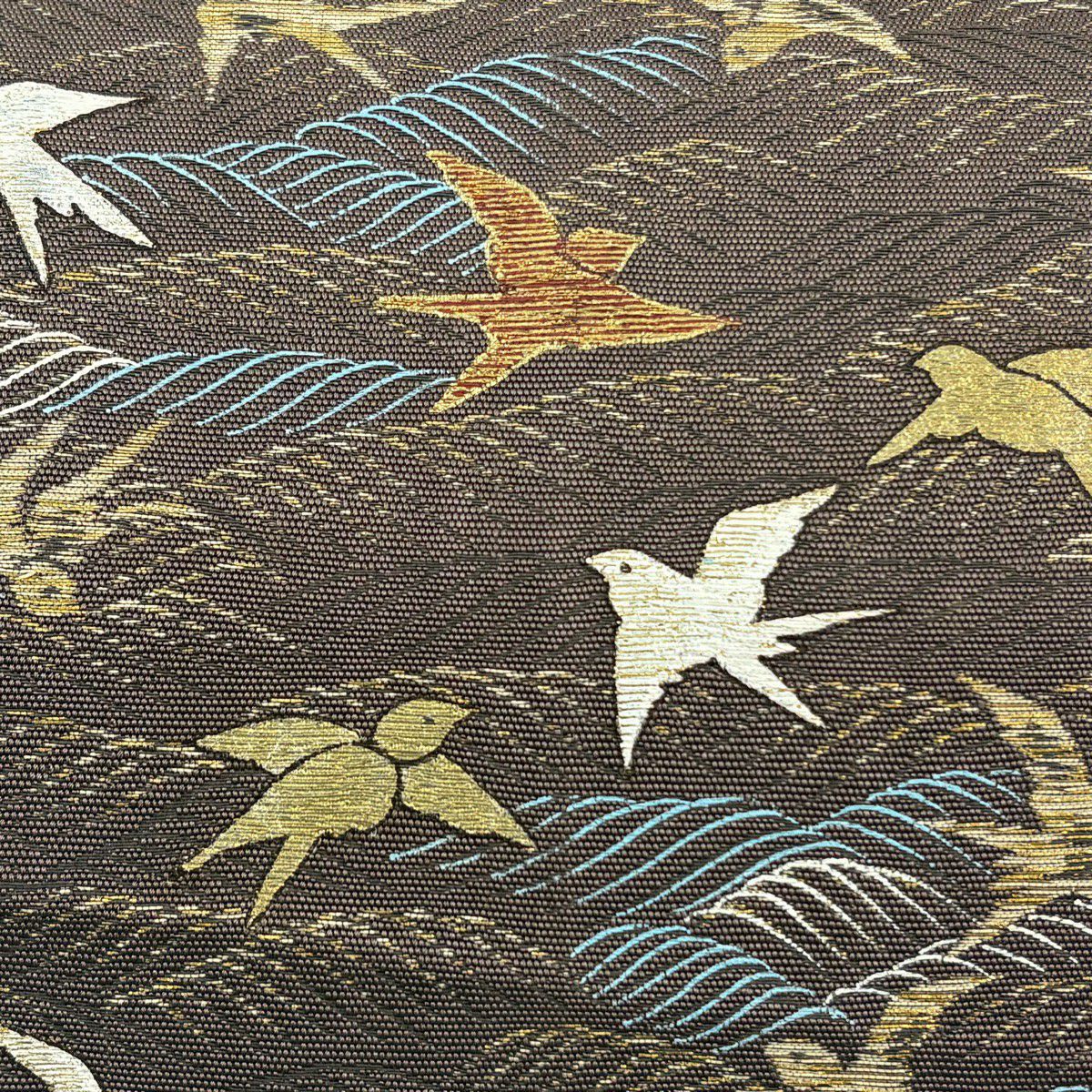 【美品】 袋帶 名品級 鳥 波 金金箔 灰茶 お太鼓柄 純蠶絲