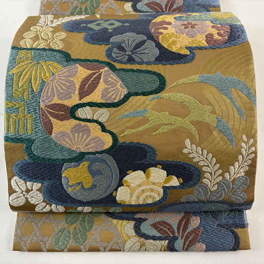 【美品】 袋帶 名品級 慶雲雁金 草花紋 流水 唐織 金金箔 黃土 深色 六通 純蠶絲