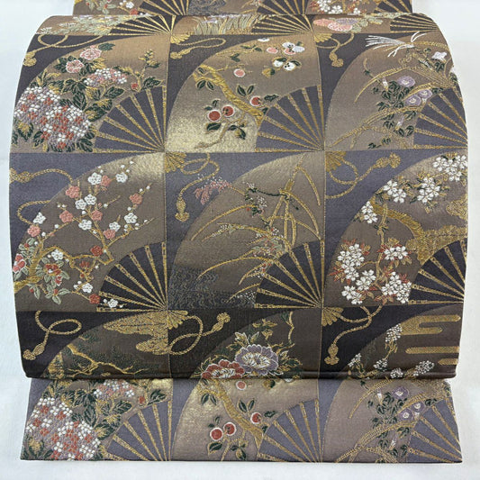 【美品】 袋帶 名品級 扇子 草花紋 金糸 金金箔 灰紫 六通 純蠶絲
