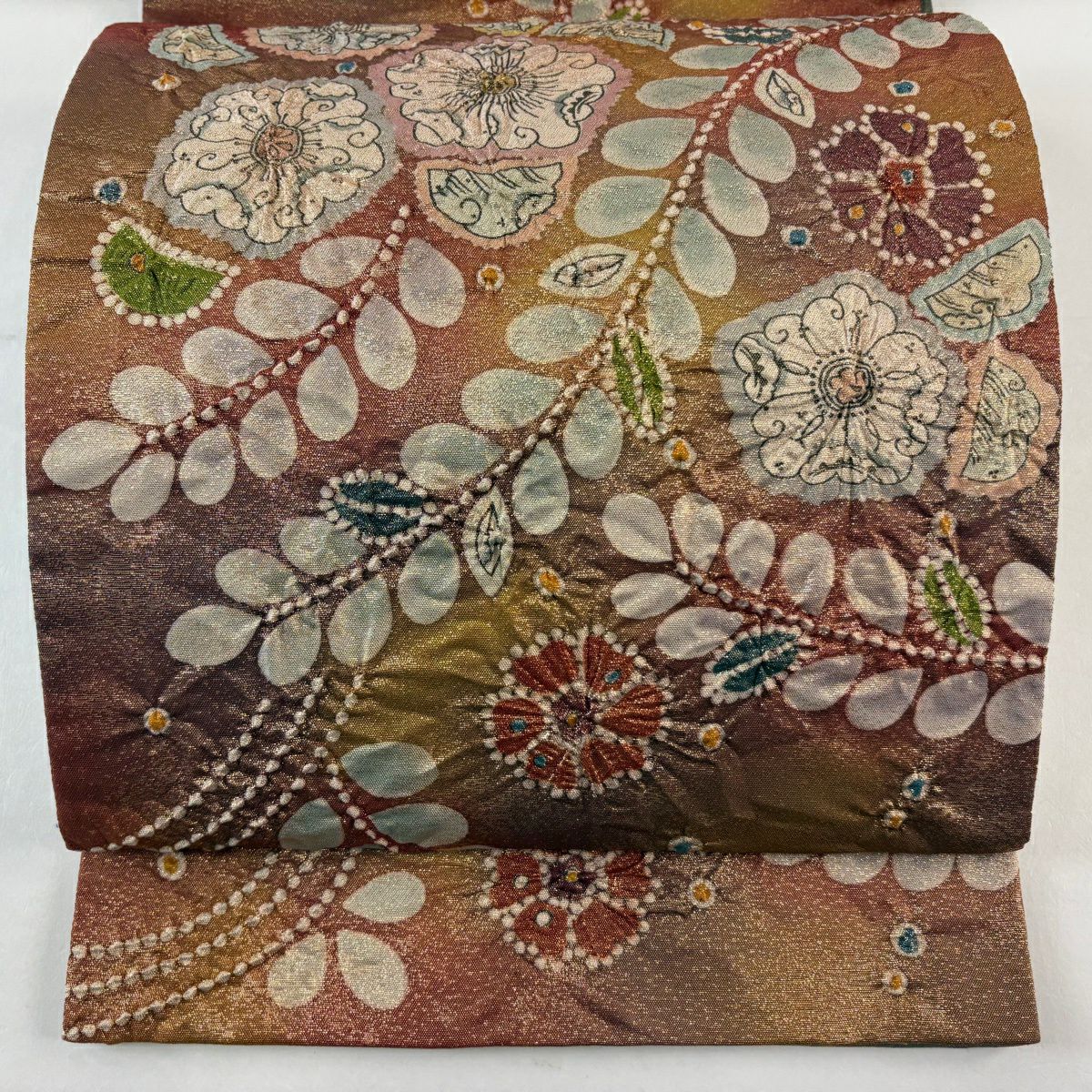 【美品】 袋帶 名品級 落款あり 辻花染 金絲 金金箔 茶 お太鼓圖案 純蠶絲