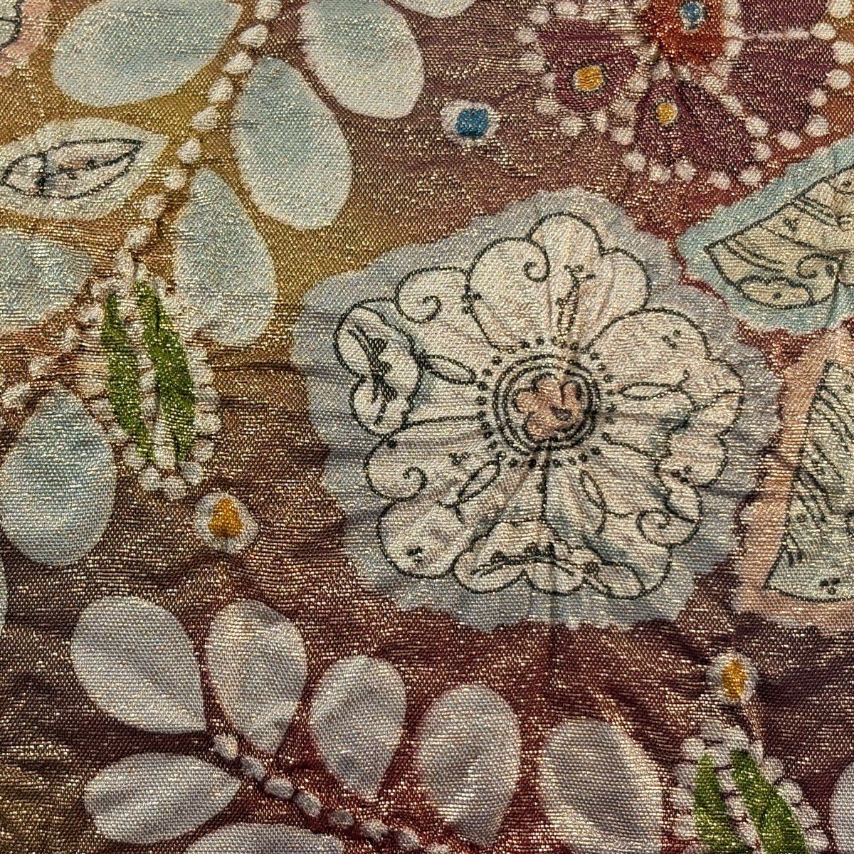 【美品】 袋帶 名品級 落款あり 辻花染 金絲 金金箔 茶 お太鼓圖案 純蠶絲