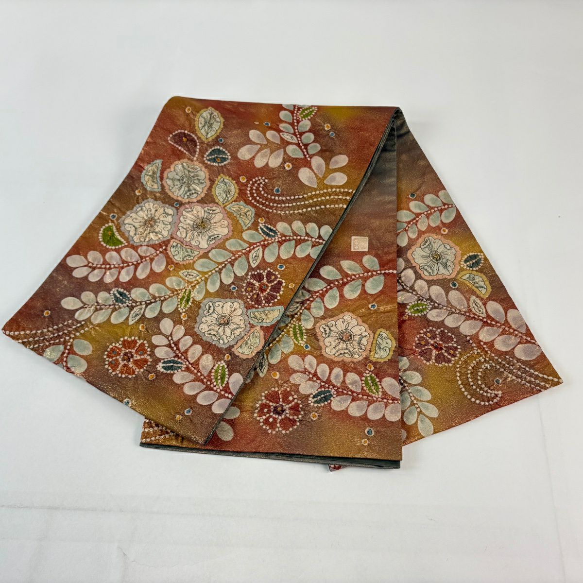 【美品】 袋帶 名品級 落款あり 辻花染 金絲 金金箔 茶 お太鼓圖案 純蠶絲