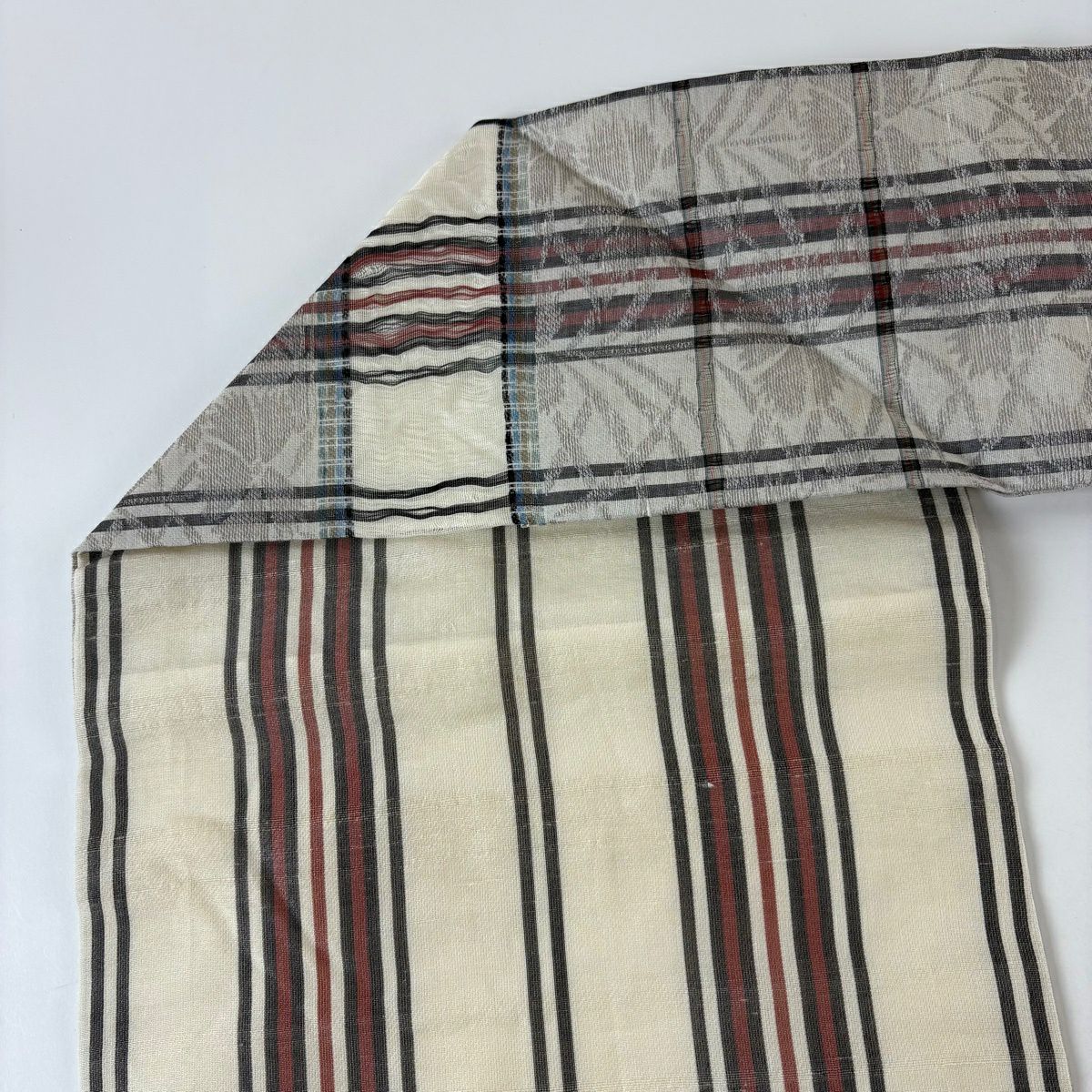 【美品】名古屋帶 名品級 夏紬織織 格子 草花紋 灰茶 純蠶絲