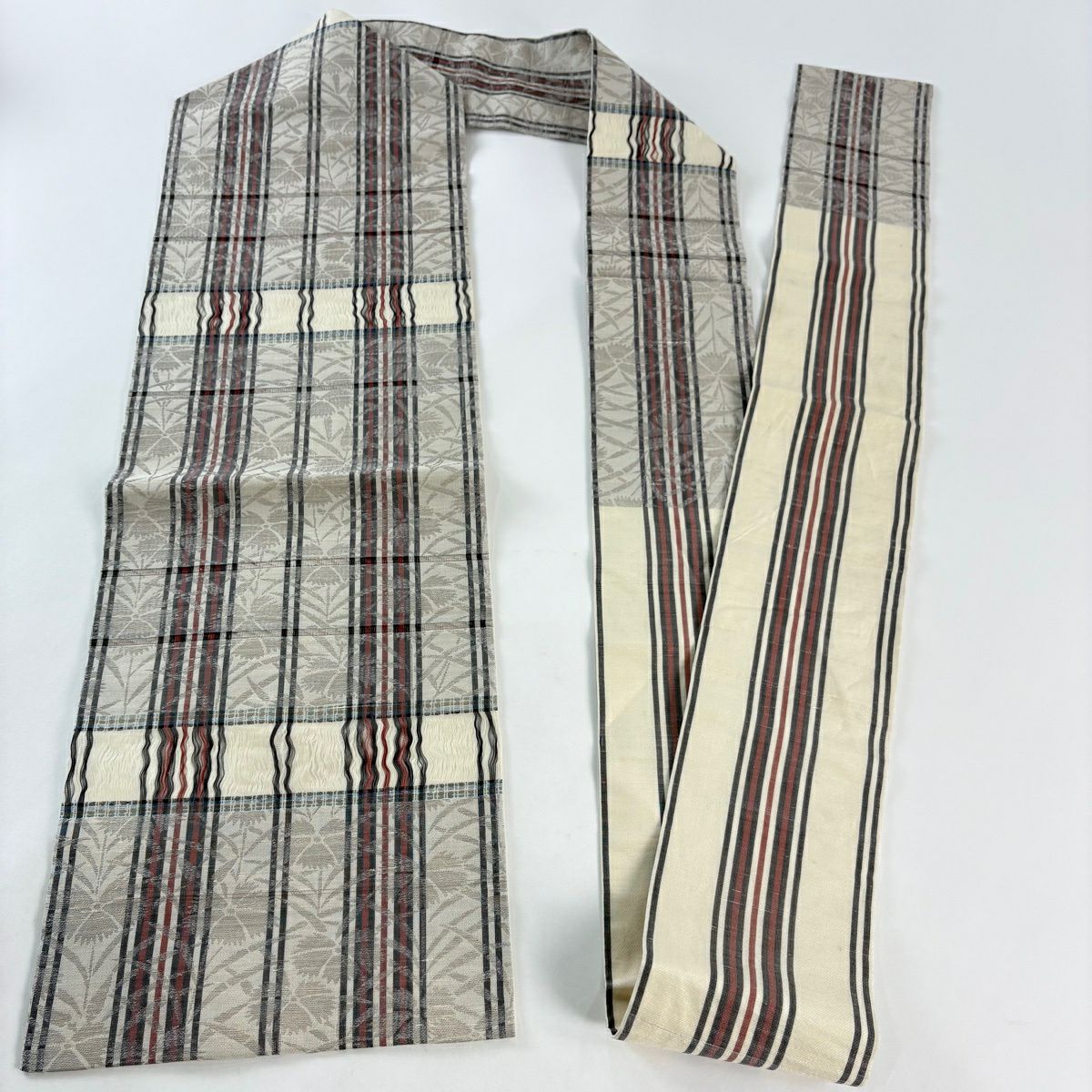 【美品】名古屋帶 名品級 夏紬織織 格子 草花紋 灰茶 純蠶絲
