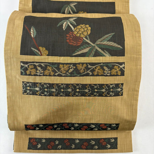 【美品】 袋帶 名品級 木屋太 有落款 紬織織 草花紋 黃土 深色 六通 純蠶絲