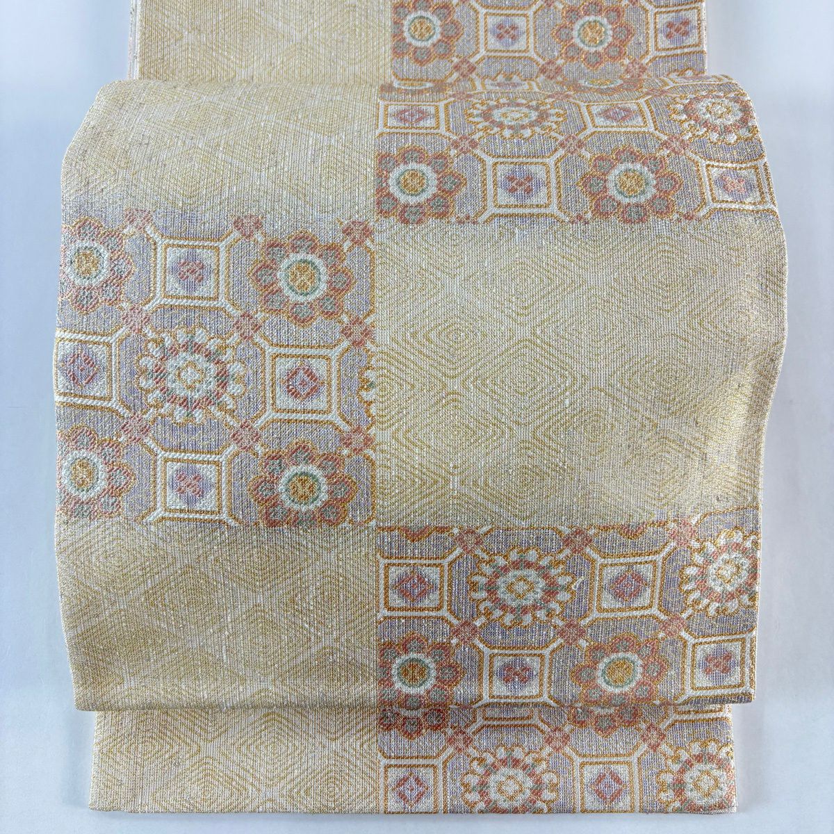 【美品】 袋帶 名品級 蜀江文 華紋 金絲 金金箔 奶油 六通 純蠶絲