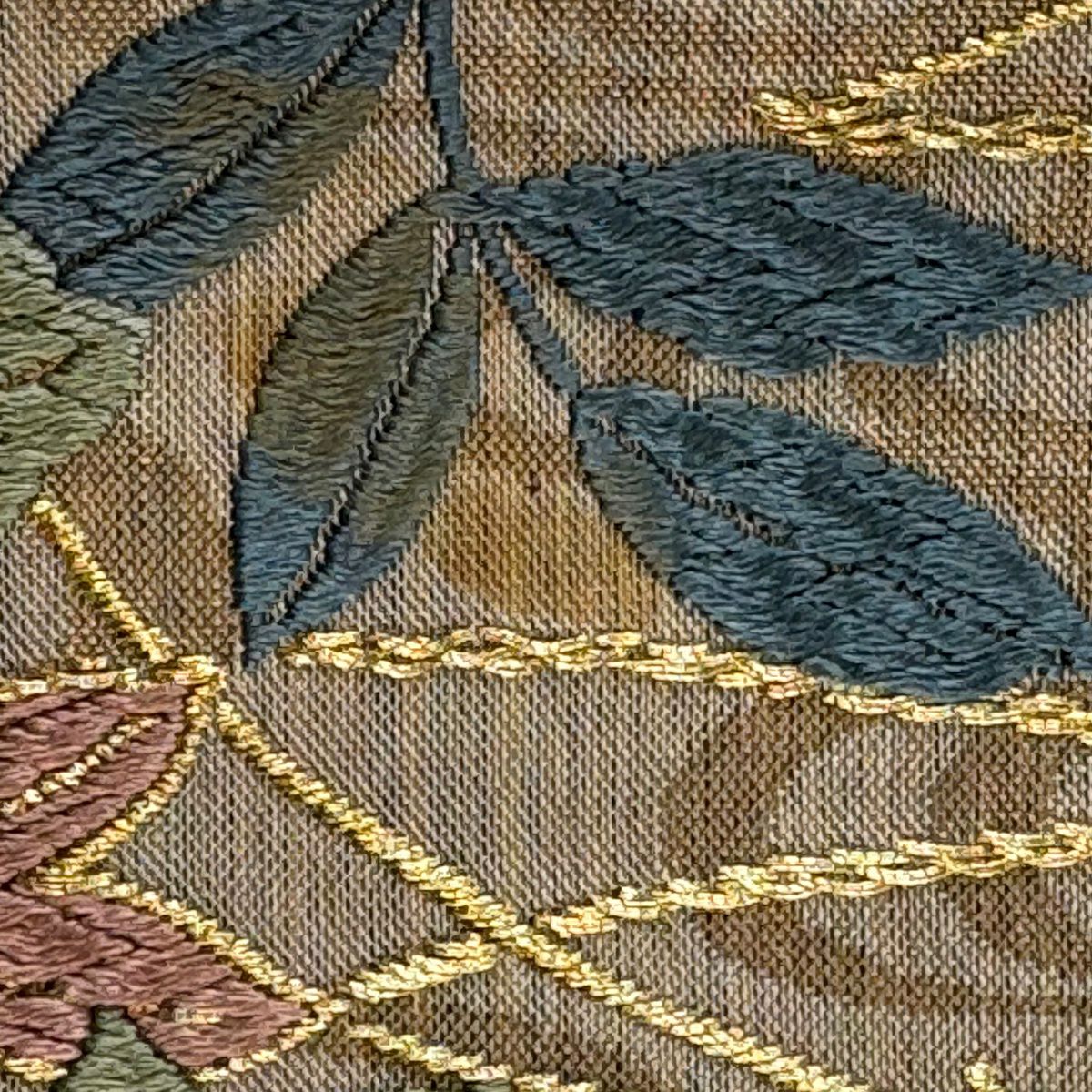 袋帶 名品級 吹寄 唐織 金絲 淺茶 六通 純蠶絲
